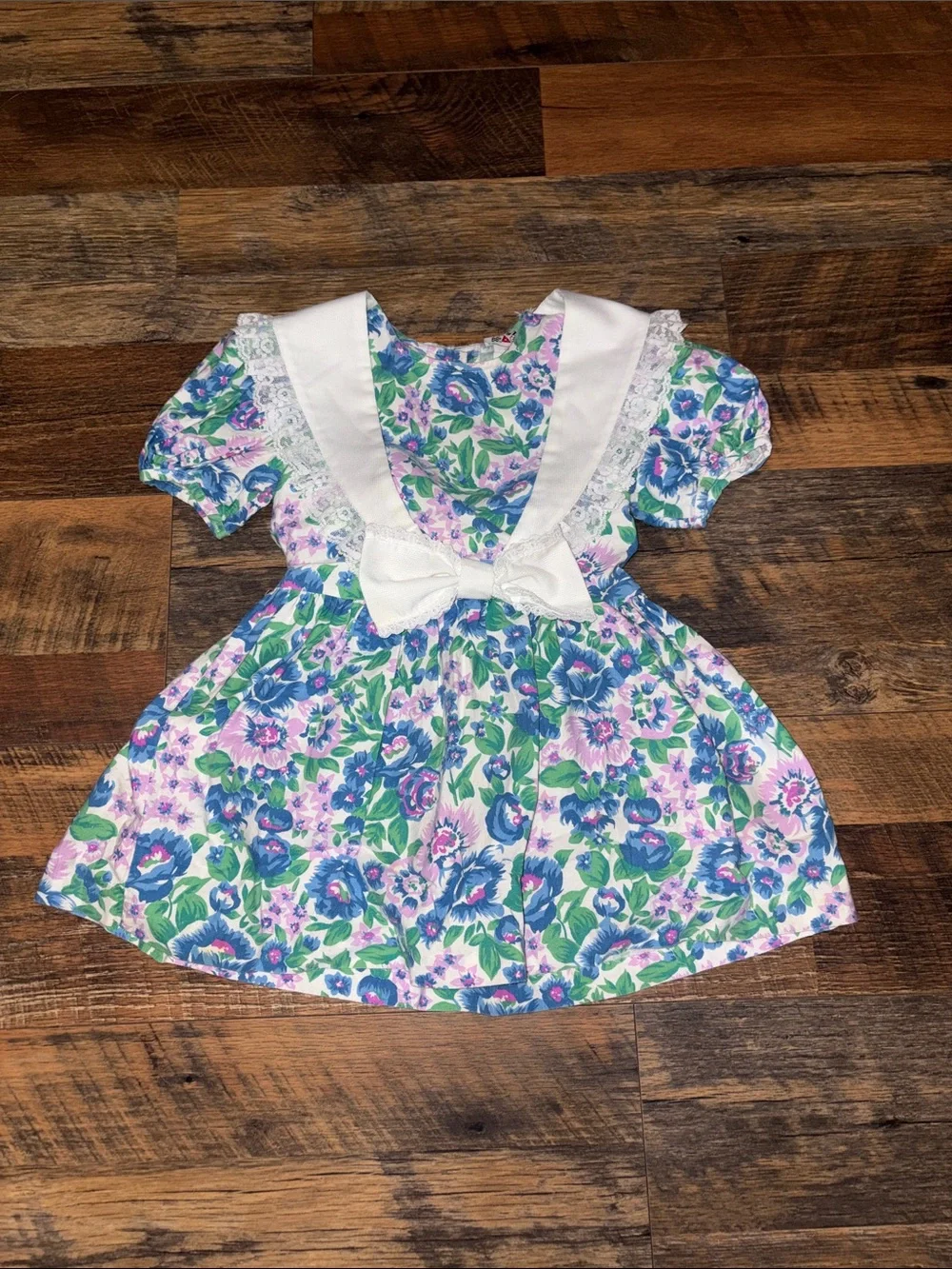 Vtg 90s JM Rags Girls 5 Floral Dress Lace V Bib Collar Bow Puff Sleeve cottage